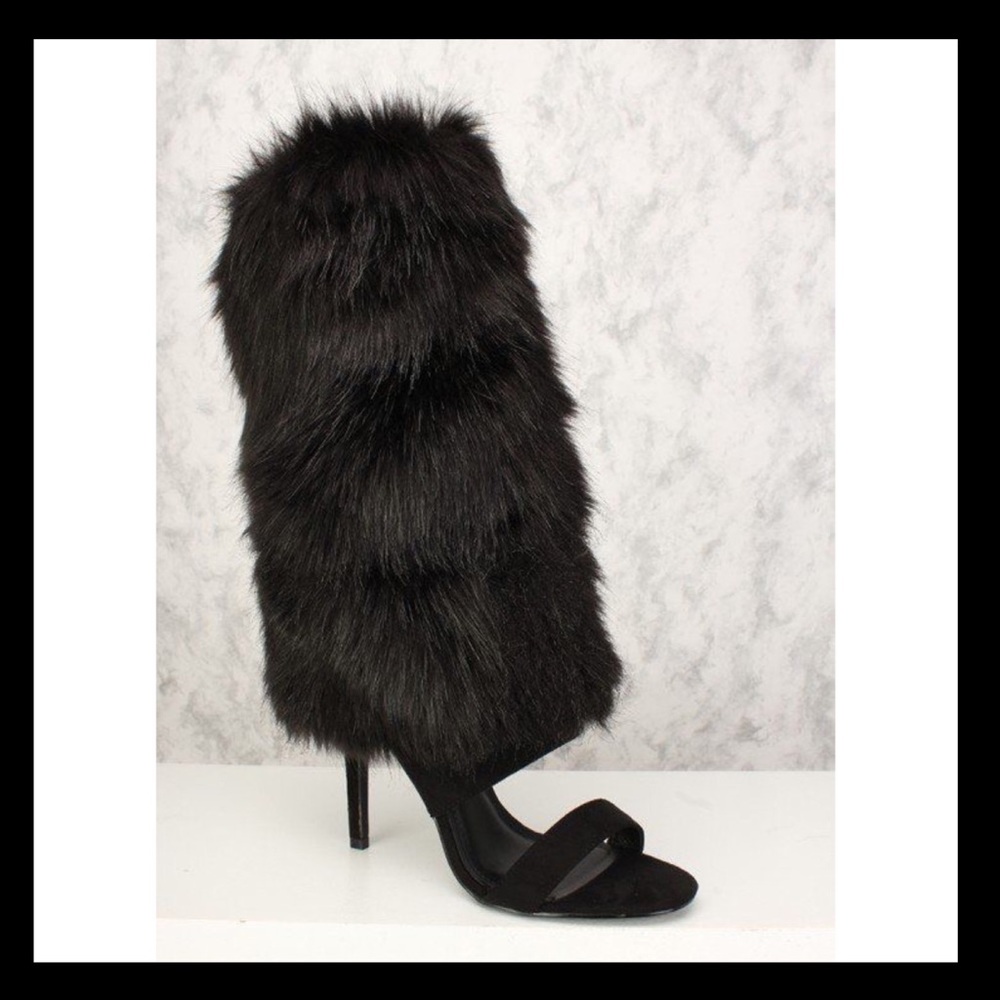 CAPE ROBBIN Black Open Toe Faux Fur Mid Calf Boot. - Picture 4 of 6